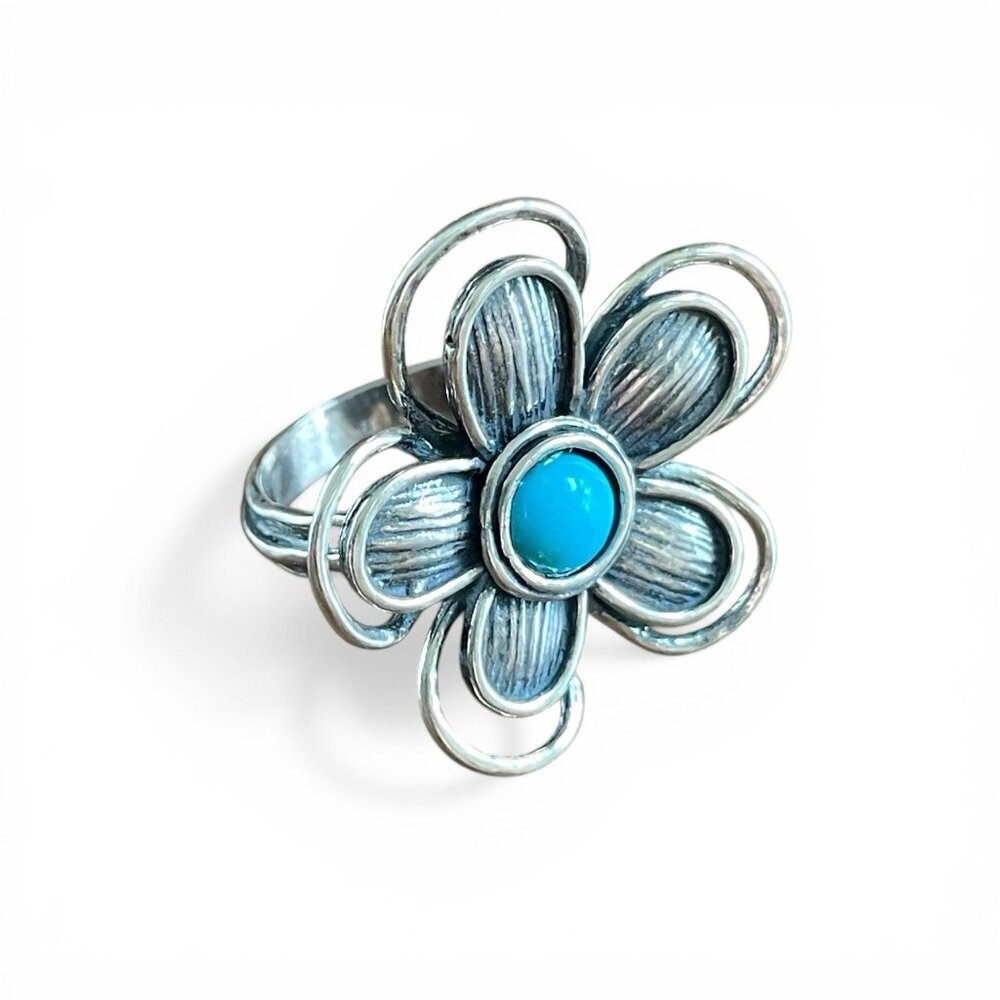 Vintage Or Paz Israel Sterling Silver 925 Turquoise Ring Sz 7 Floral Statement